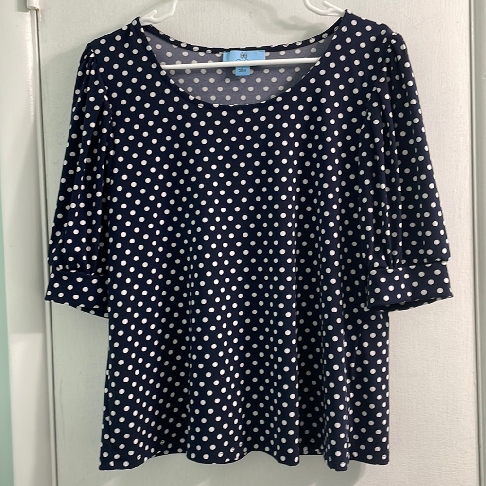 Cece Navy Blue White Polka Dot Blouse- Size Large- EUC